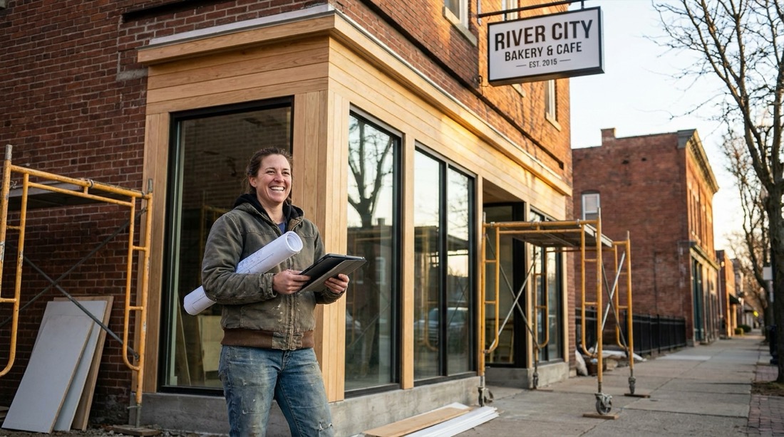 Small business owner in front of their building
